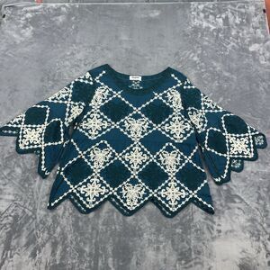 Kindred Anthropologie Embroidered Boho Peasant Blouse Teal Bell Sleeve Size M